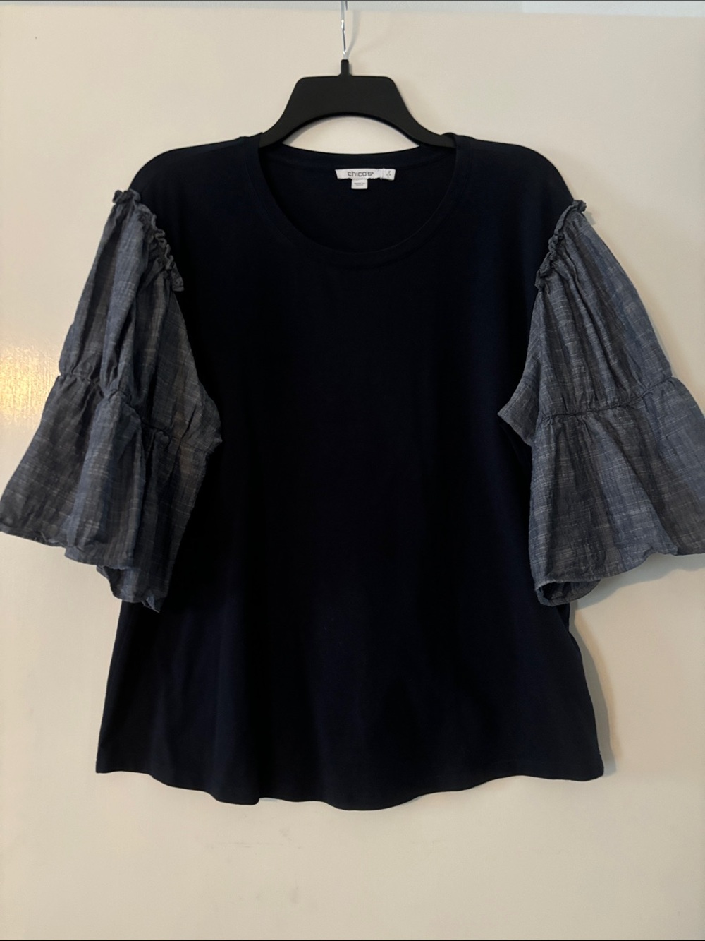 Chico's Navy Knit Top with Tiered Chambray Puff Sleeves